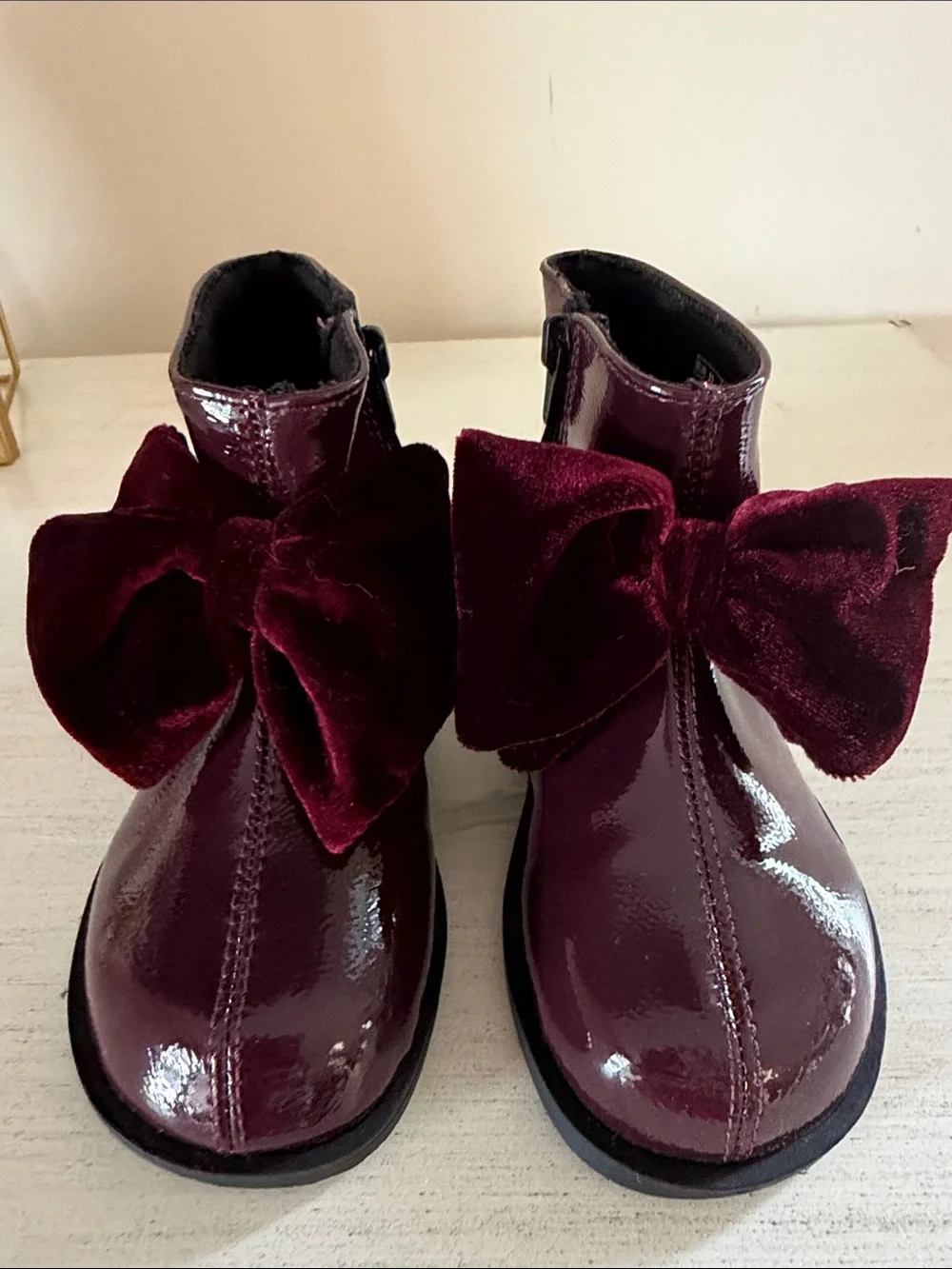 Zara Girls Burgundy Patent Ankle Boots with Velvet Bow